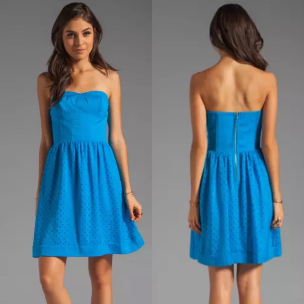 Rebecca Taylor Size 2 Dress Blue Strapless Laser-Cut Fit & Flare